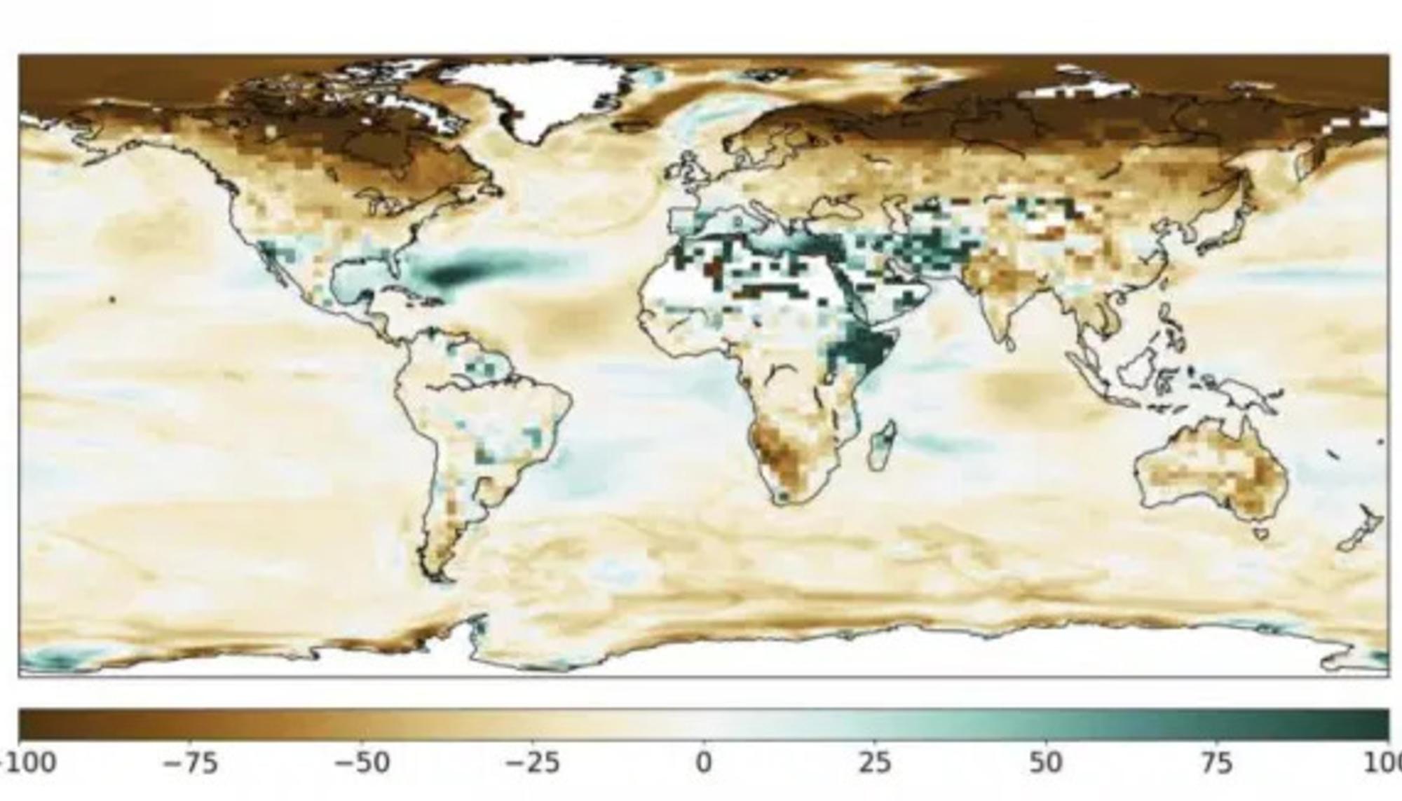 Cambios en los ecosistemas globales tras dos años de guerra nuclear entre India y Pakistán. Las zonas en marrón sufrirían declives de crecimiento vegetal, mientras que en las de verde se aceleraría.